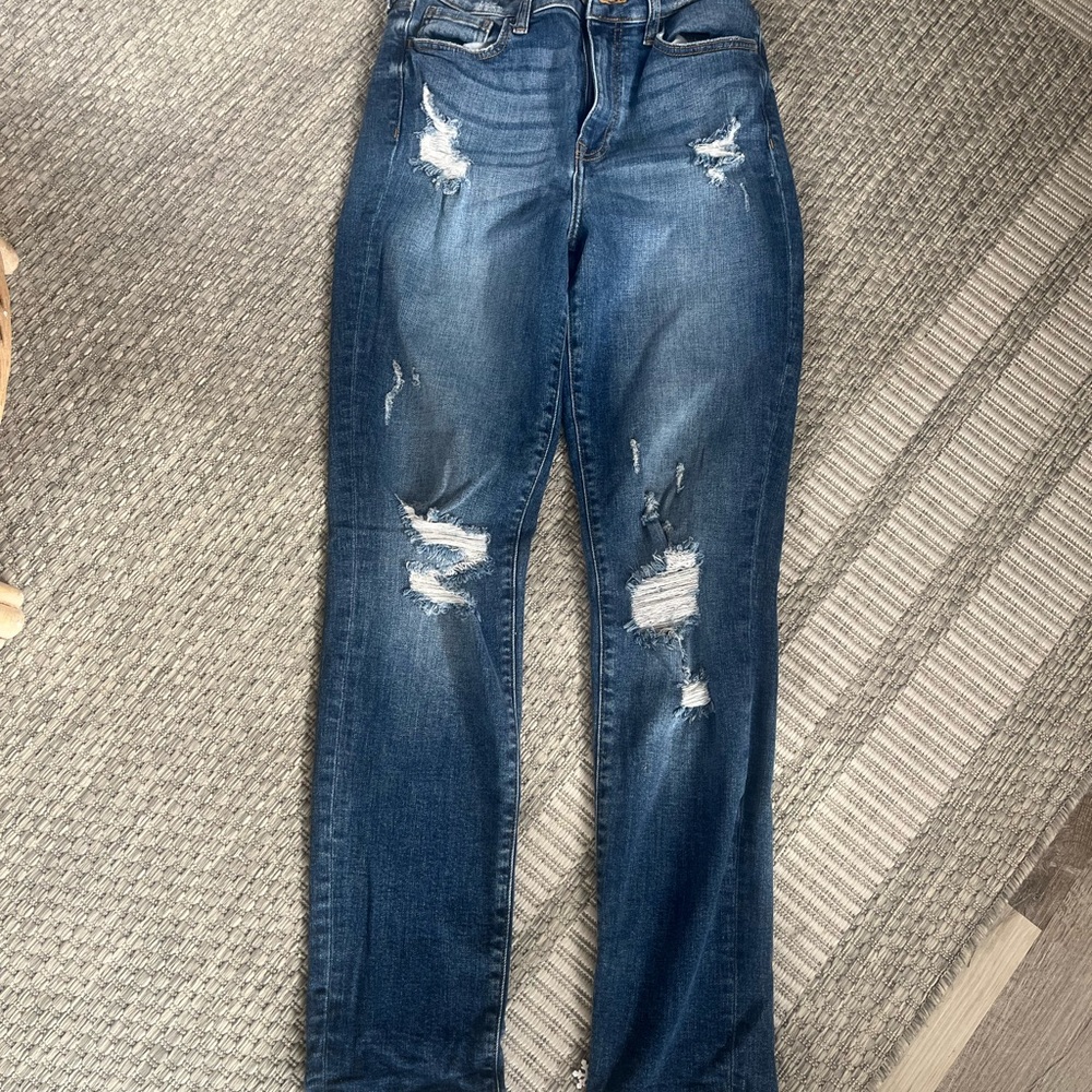 Women's Distressed Straight Leg Jeans - Blue